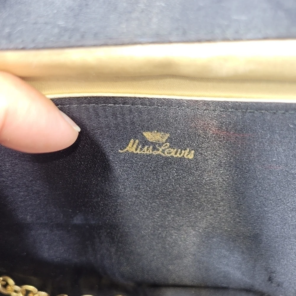 VTG Miss Lewis Black Satin Evening Clutch with Ornate Gold Face Medallion
